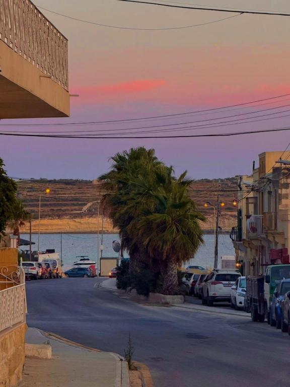 a street with a palm tree in front of the ocean at One bedroom apartment in Marsaskala