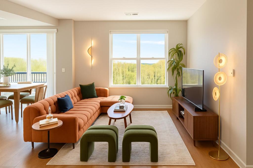 a living room with a couch and a tv at The Manor - Chevy Chase in Chevy Chase