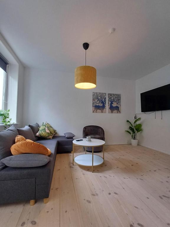 a living room with a couch and a table at Charming 2 bedroom apartment free parking in Hjørring