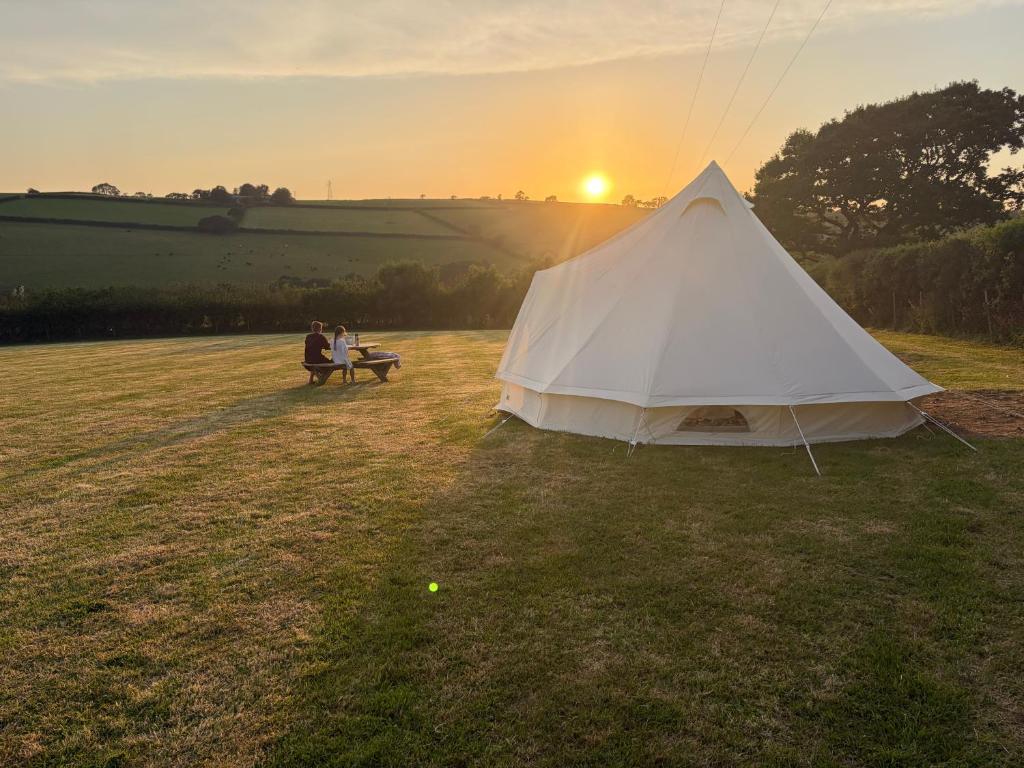 two people sitting on a bench in a field with a tent at Looe Valley Camping in Saint Keyne