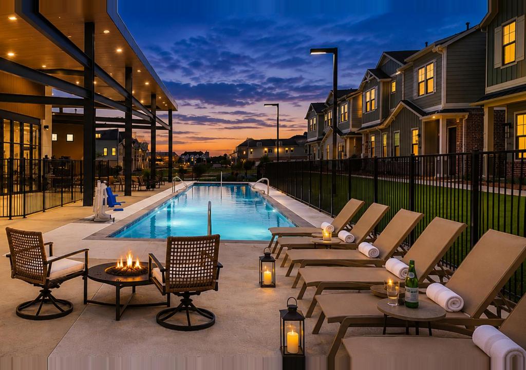 a patio with chairs and a swimming pool with lights at Collin Creek Executive Residences in Plano