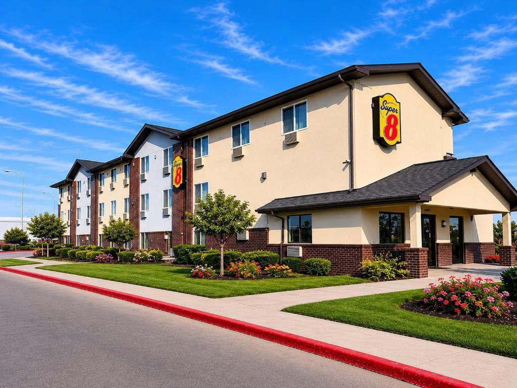 a hotel with a mcdonalds building on a street at Super 8 by Wyndham Nampa in Nampa