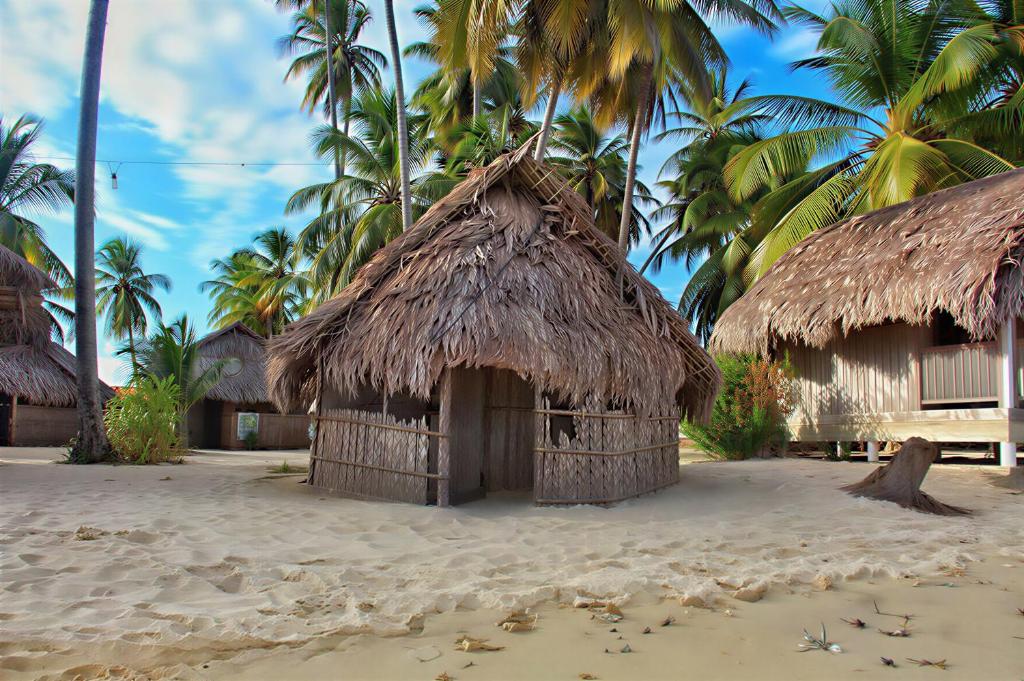 a couple of huts on a beach with palm trees at Islas de Guna Yala Cabaña tradicional Guna Tubasenika in Arritupo Número Dos