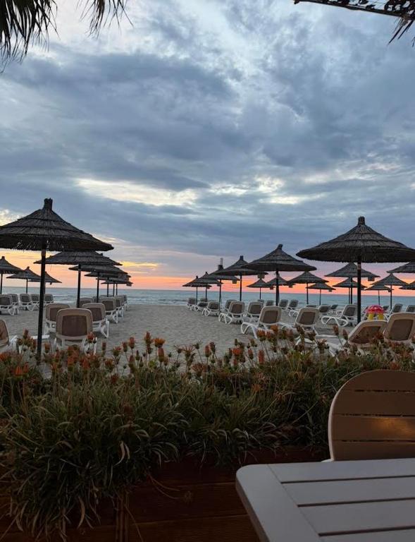 a beach with chairs and umbrellas and the ocean at Hamallaj Bliss in Draç