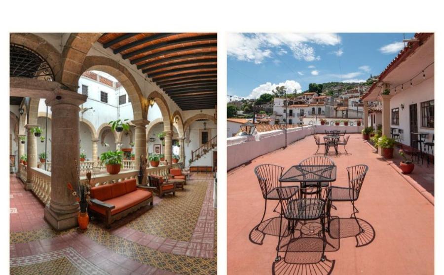 two pictures of a building with a table and chairs at Hotel Casa Grande in Taxco de Alarcón