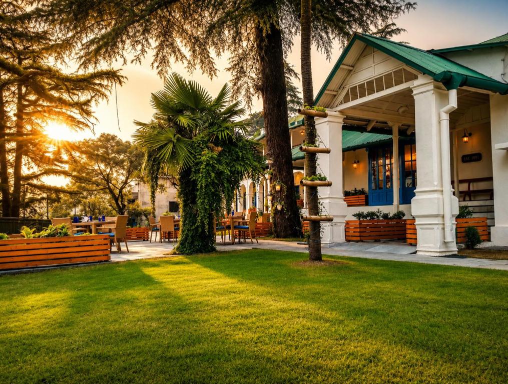 a house with a palm tree in a yard at Pine Retreat - A Premium Heritage Property in Mussoorie