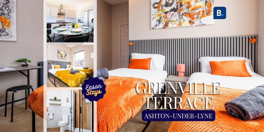 a collage of pictures of a bedroom with two beds and an orange blanket at 5 Bedroom House in Ashton-under-lyne with Free Parking and Easy Access to City Centre in Stalybridge