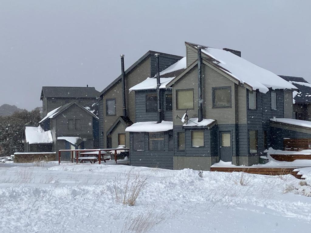 a house is covered in snow in a yard at Freedom in Dinner Plain