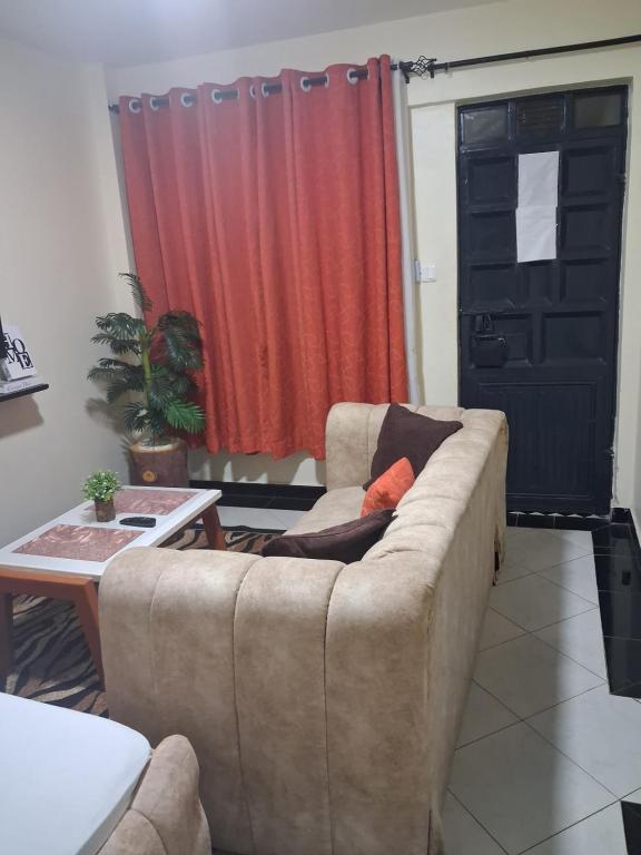 a living room with a couch and a red curtain at Shalom - Stays in Voi