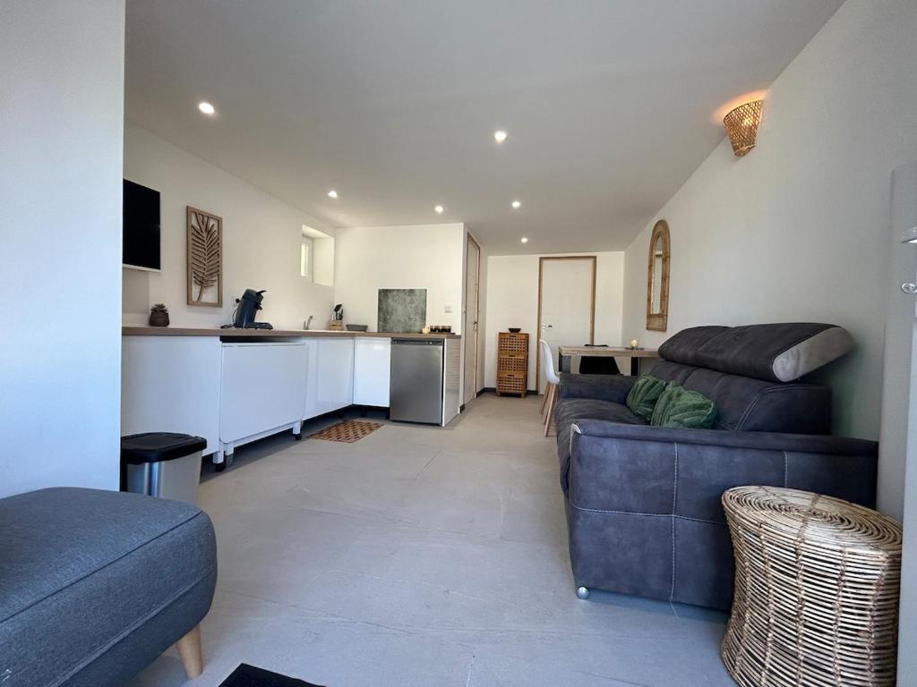 a living room with a couch and a kitchen at logement centre Bourg, parking privé in Bourg-en-Bresse