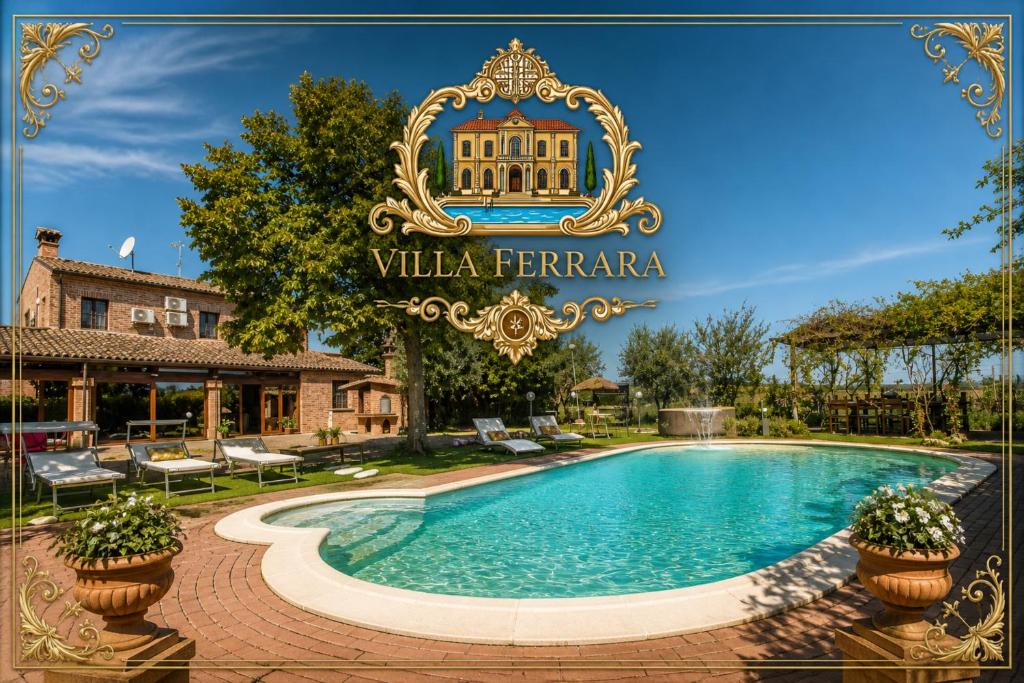 a sign that reads villa ferdinand with a swimming pool at Villa Ferrara, resort e Location per eventi in Coriano