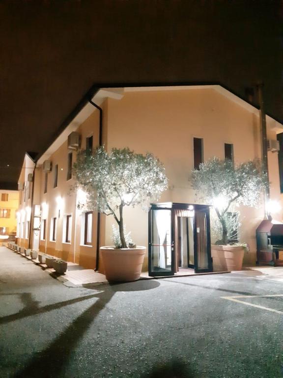 a building with two trees inront of it at night at Hotel Ristorante Lilia in Verona