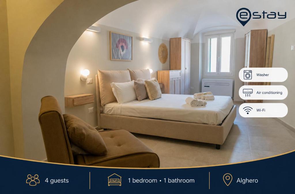 a bedroom with a bed and a chair in a room at Estay - Casa Filuga in Alghero