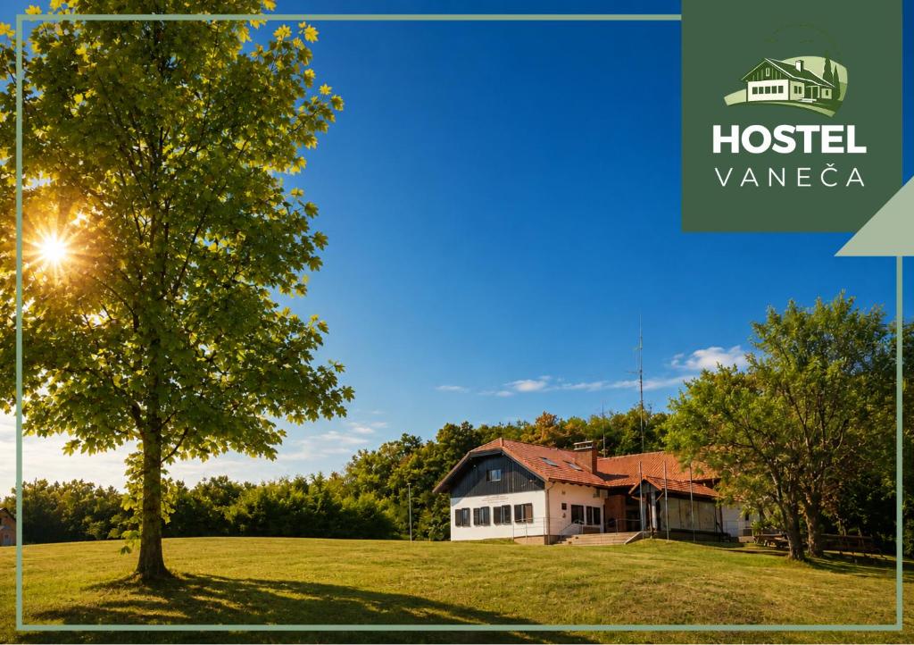 a house on a field with a tree in the foreground at HOSTEL VANEČA in Puconci