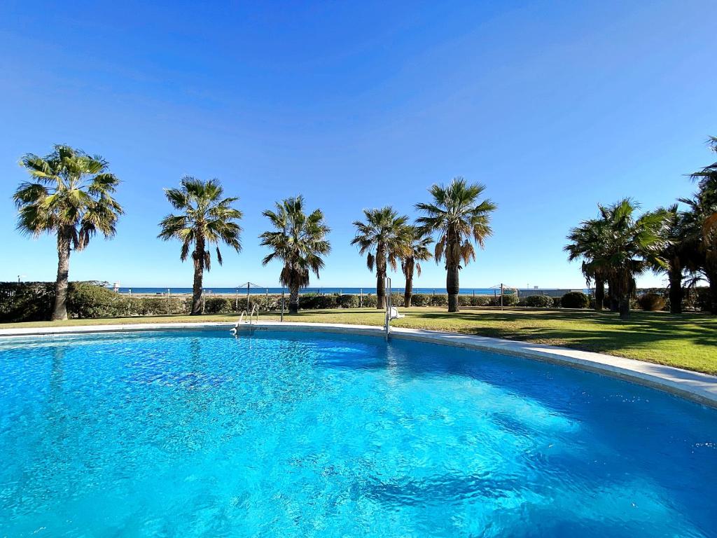a large swimming pool with palm trees in the background at Playa de Baria I in Vera