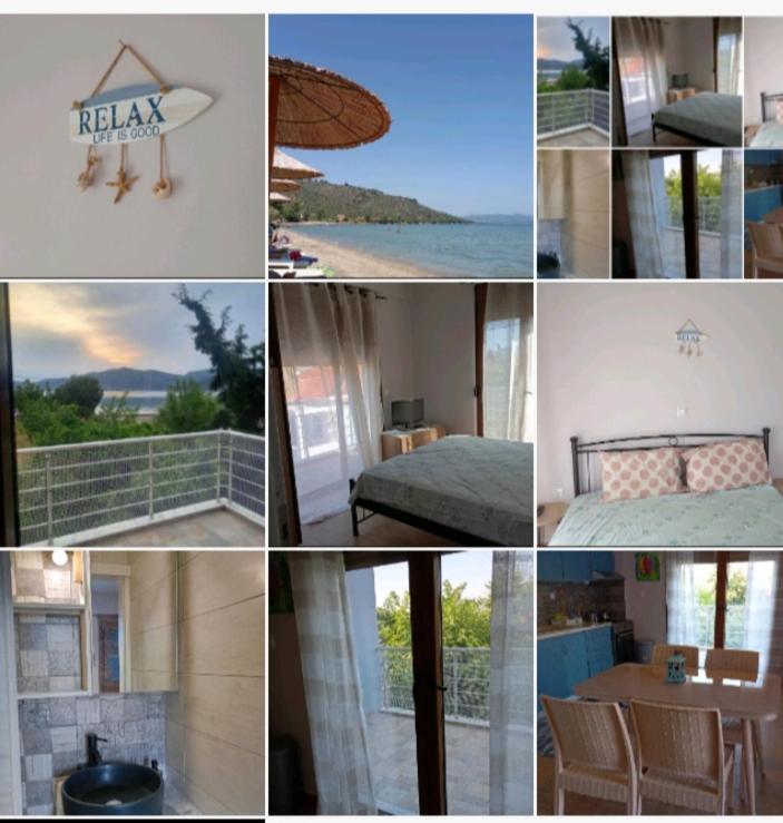 a collage of photos of a hotel with a bed and a beach at Evriaki Rooms Lesvos in Apidias Lakos