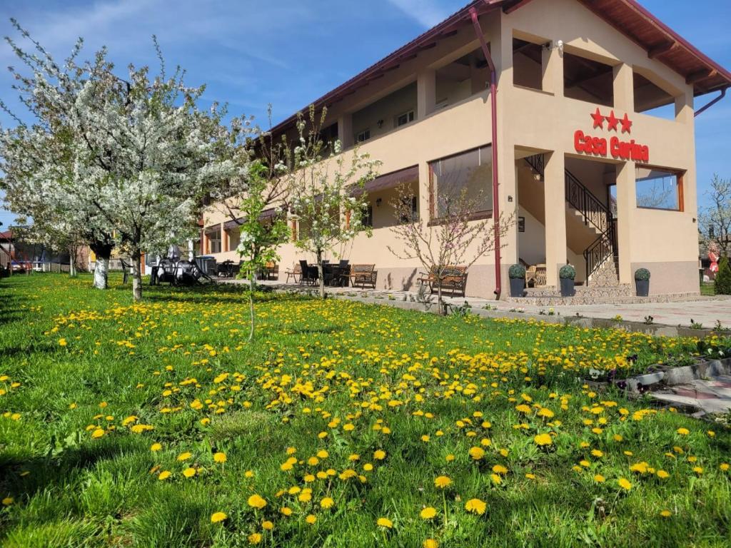 a building with a field of flowers in front of it at Casa Corina in Turda