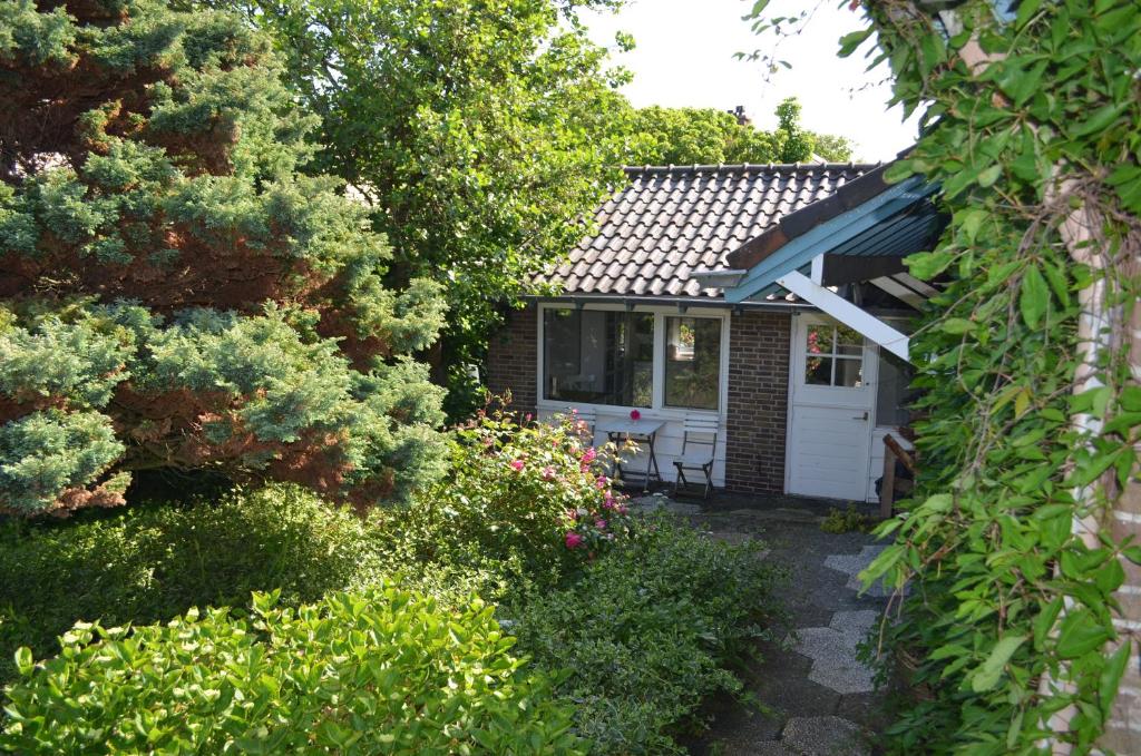 a small house with a white door and some bushes at Cozy Cottage in Schoorl