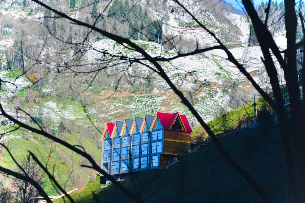 a building with red and blue roofs on a mountain at Seyrona Butik Otel in Çamlıhemşin