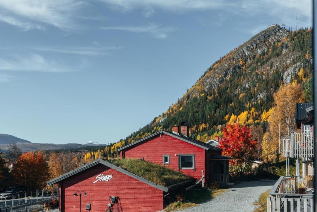 a red barn with grass on the side of a mountain at Skoogs Logi Lägenheter in Funäsdalen