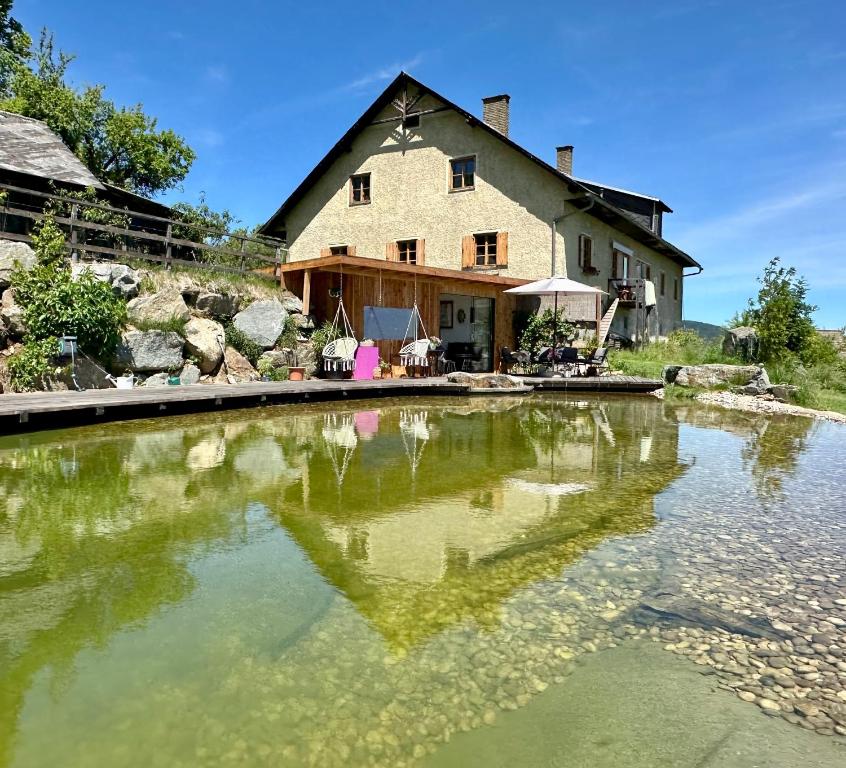 a house with a pool of water in front of it at Mauthnerhube Ferienwohnung mit Sauna, Whirlpool, Hüttenfeeling in Sankt Oswald ob Eibiswald