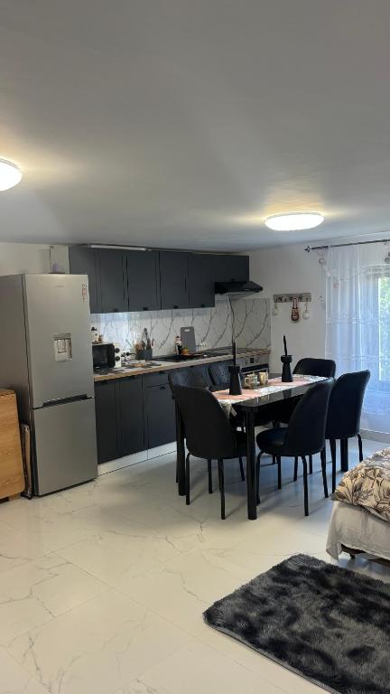 a kitchen with a table and chairs and a refrigerator at Gemini house in Măcin