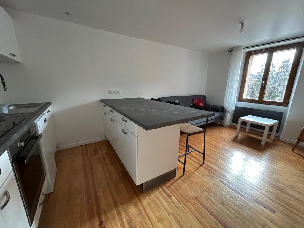 a kitchen with a counter top and a table at Appartement Villars Colmars in Villars-Colmars