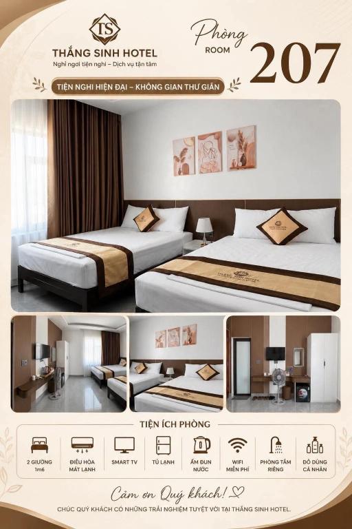 a flyer for a hotel with two beds in a room at Thắng Sinh Hotel - Biển Quỳnh Bảng in Quỳnh Lưu