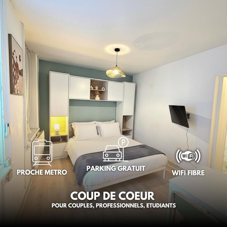 a rendering of a bedroom with a bed and a tv at A l'orée de Croix - AbsoluteHome in Croix