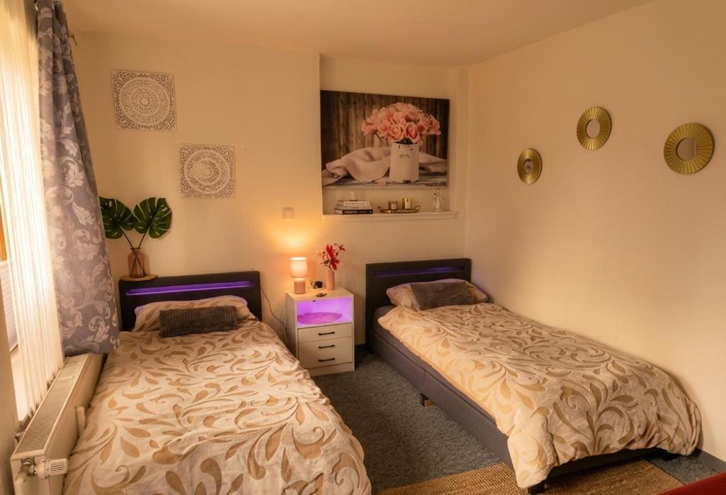 a bedroom with two beds and a picture on the wall at Ferienwohnungen Auetal in Kucksdorf