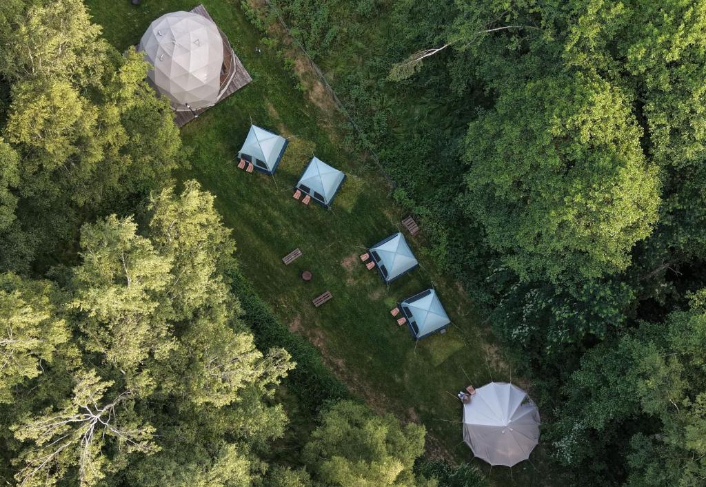 an overhead view of tents in a forest at Namioty w lesie in Ściegny