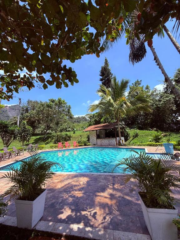 a swimming pool in a resort with palm trees at Hotel TIERRA NUEVA Campestre in La Vega