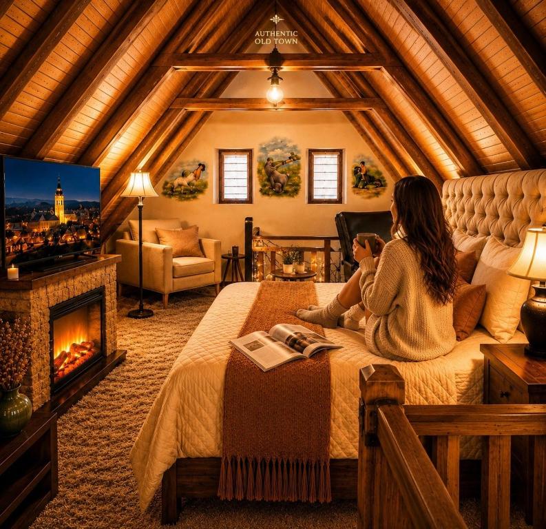 a woman sitting on a bed in a room with a tv at Albert Authentic Suites Brasov - Tampa View - Preferred Spa Rates & Exclusive Guest Benefits in Braşov