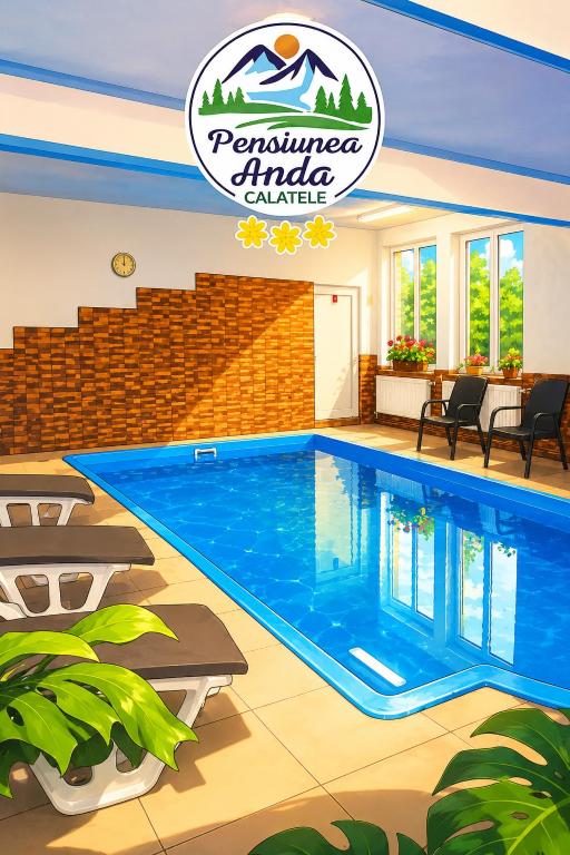 a swimming pool in a villa with a resort sign at Pensiunea Anda in Călăţele