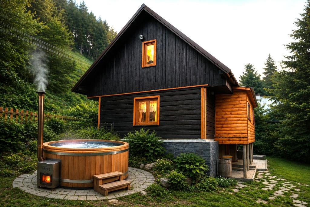 a small house with a hot tub in front of it at Chata Turík in Turík