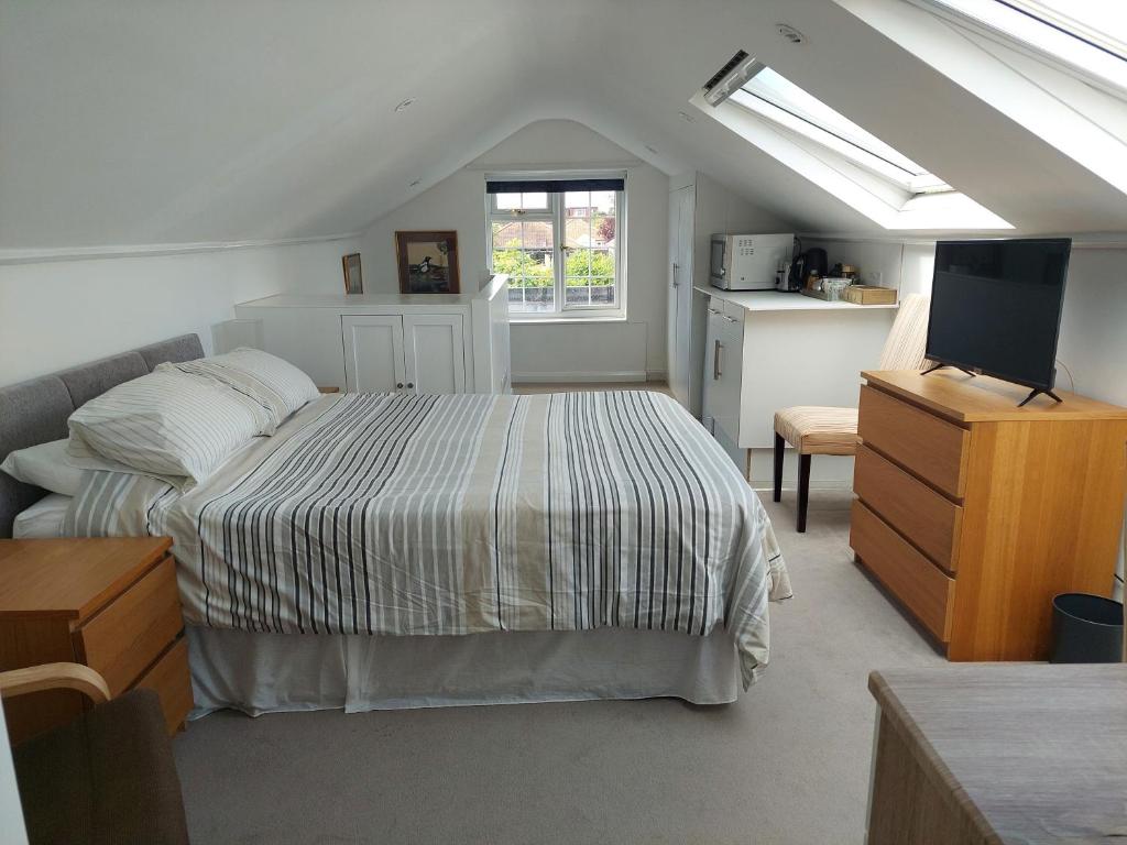a bedroom with a bed and a television in it at Avalon Guest Suite Ewell in Ewell