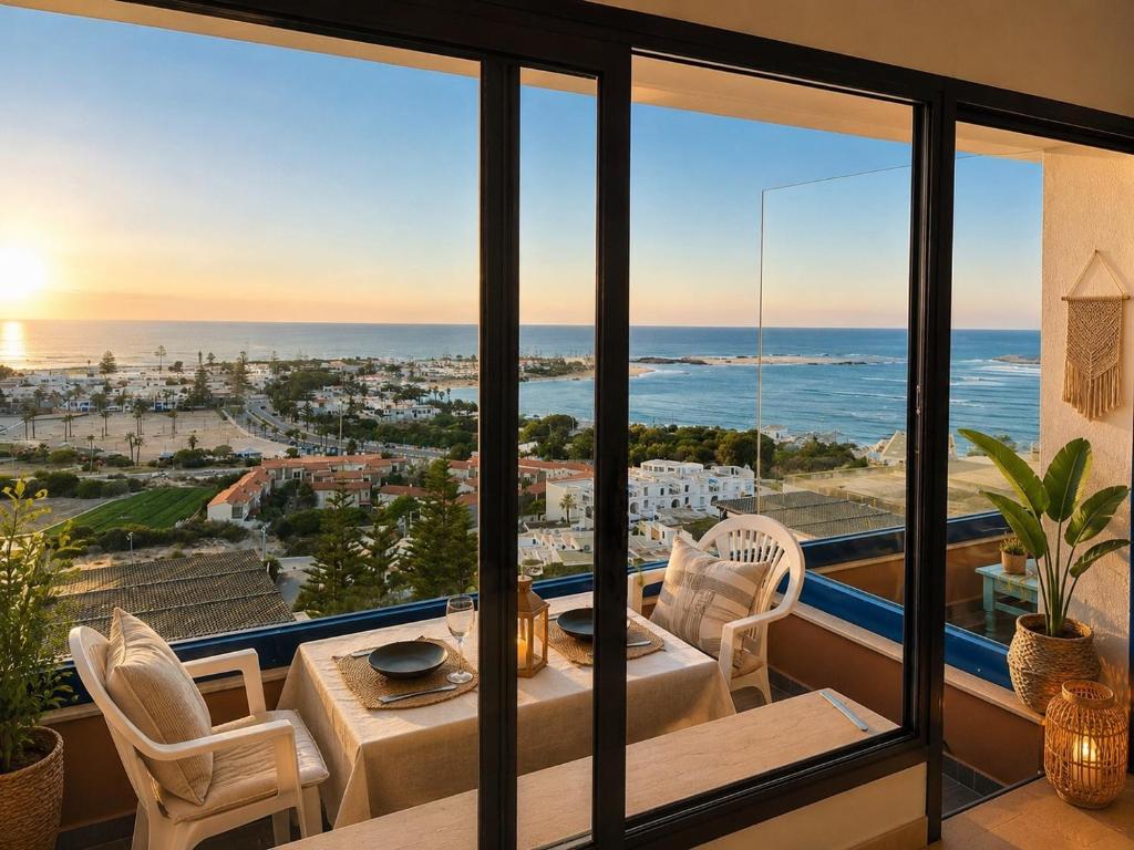 a living room with a view of the ocean at La coline vue sur mer Uniquement les familles in Oualidia