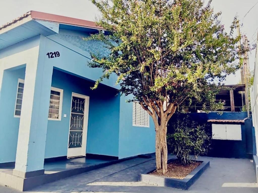 a blue building with a tree in front of it at Casa Antiga Reformada Centro de Matão in Matão