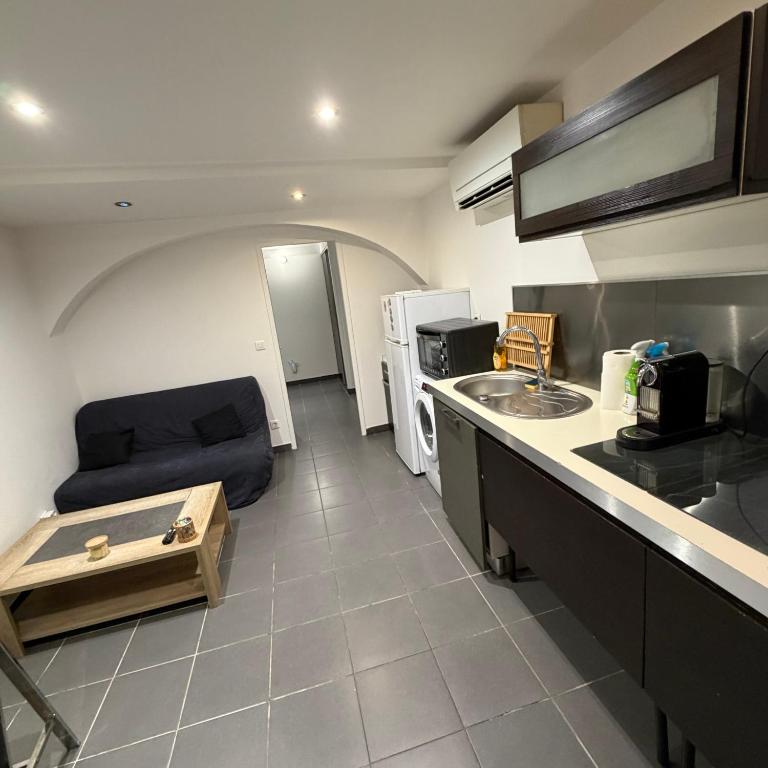 a small kitchen with a couch and a sink at Appartement centre ville in Ajaccio