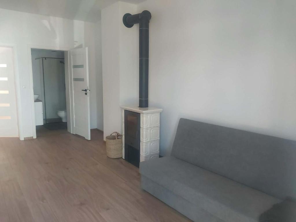 a living room with a fireplace and a couch at Miskant Apartamenty in Stary Karwno