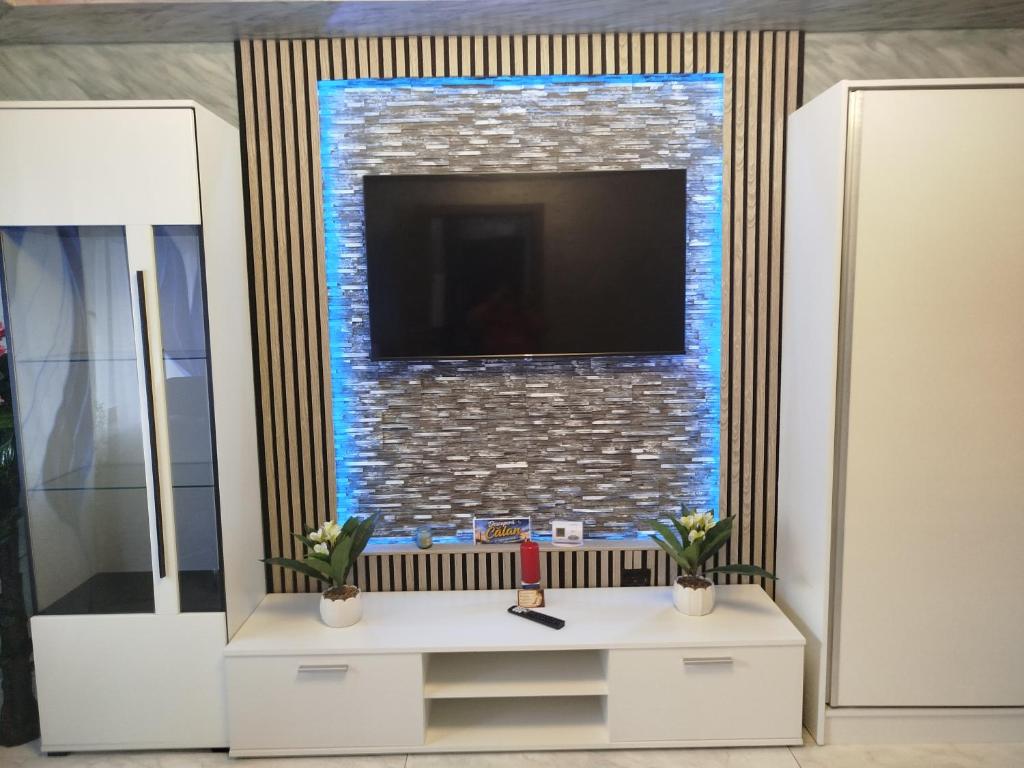 a living room with a tv on a wall at Studio Denisa in Călan