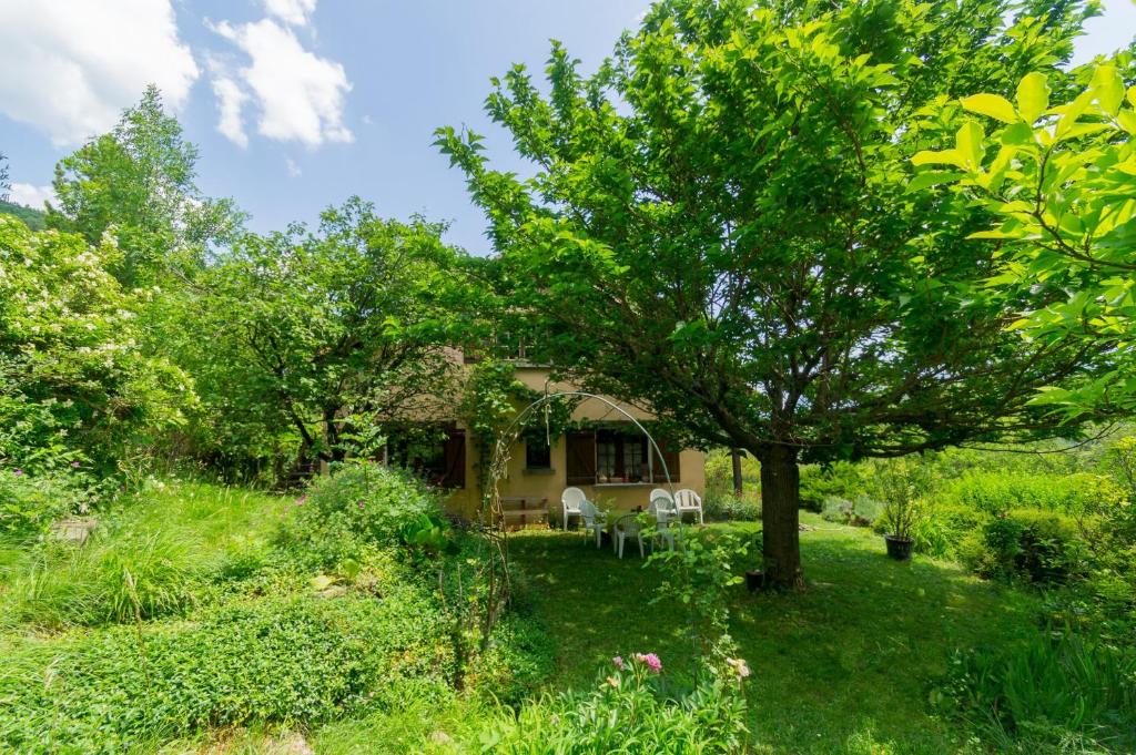 a house with two chairs and a tree in the yard at Gite de Loche in Quet-en-Beaumont