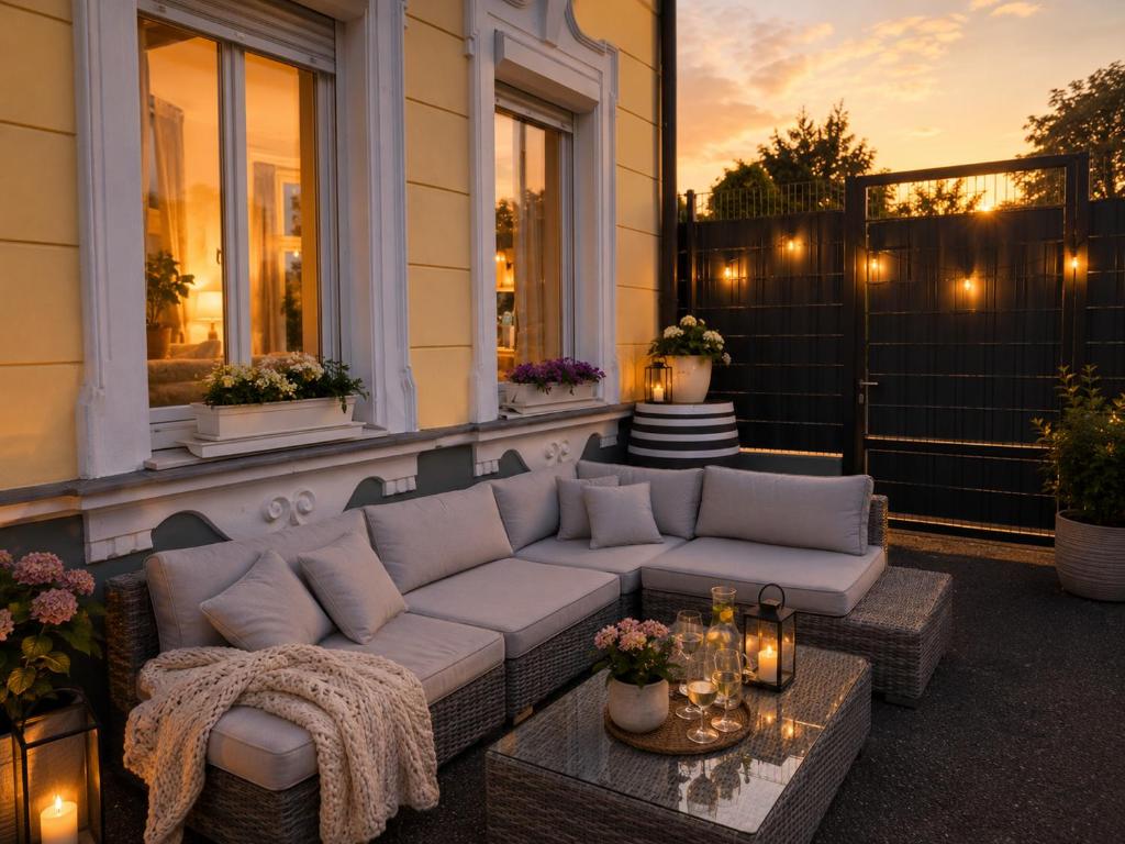 a patio with a couch and a table at Villa Schönfeld in Schönfeld