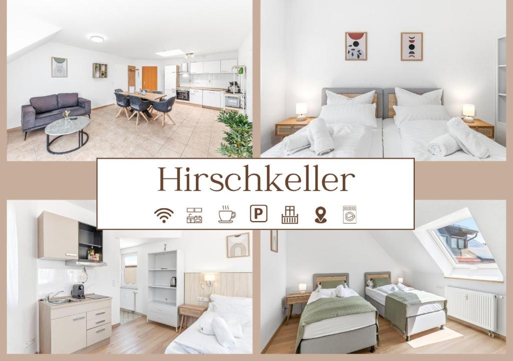 a collage of photos of a bedroom and a living room at Gasthaus Hirschkeller in Göppingen