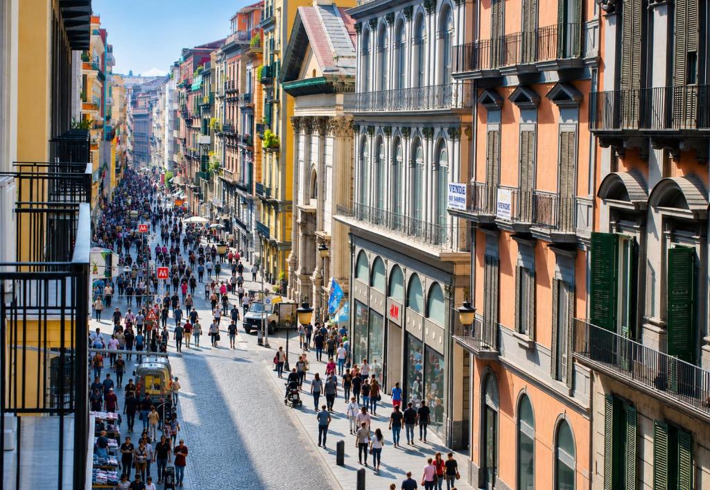 a group of people walking down a city street at Toledostop in Naples