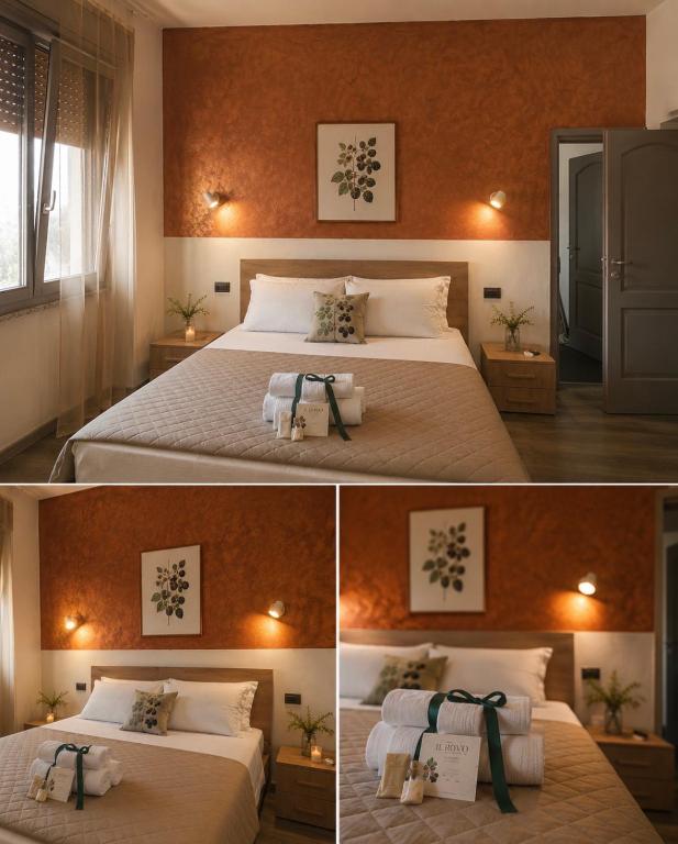 two pictures of a bedroom with a bed with towels at Il Rovo Rooms in Porto Torres