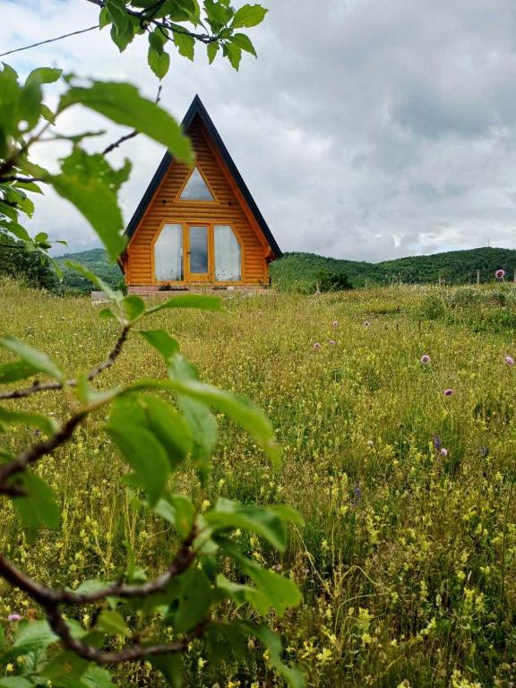 a small cabin in a field of flowers at Diva House in Nikšić