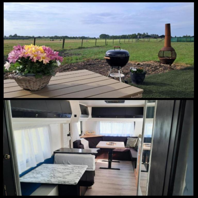 two pictures of a grill and a living room at Caravan De Rozenbottel in Hensbroek