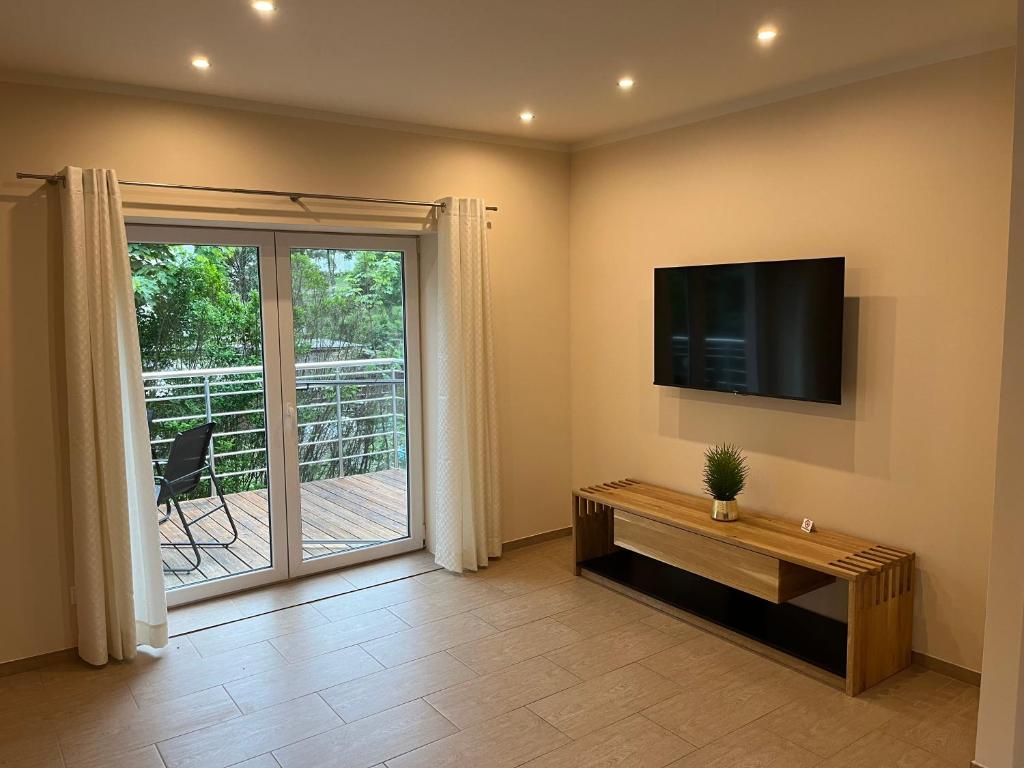 a living room with a television and a sliding glass door at Apartment P&T Top 5 in Altenhof