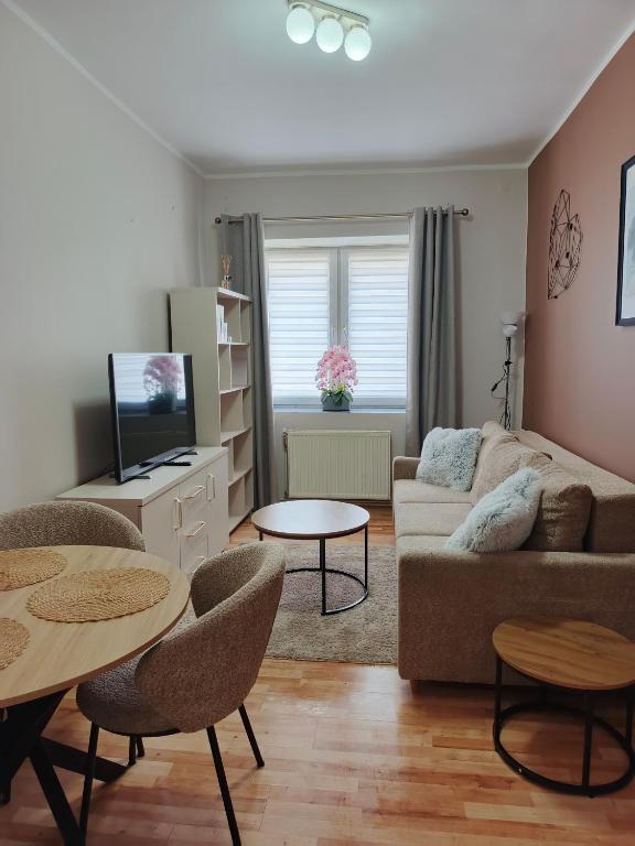 a living room with a couch and a table at Apartament Międzylesie in Międzylesie